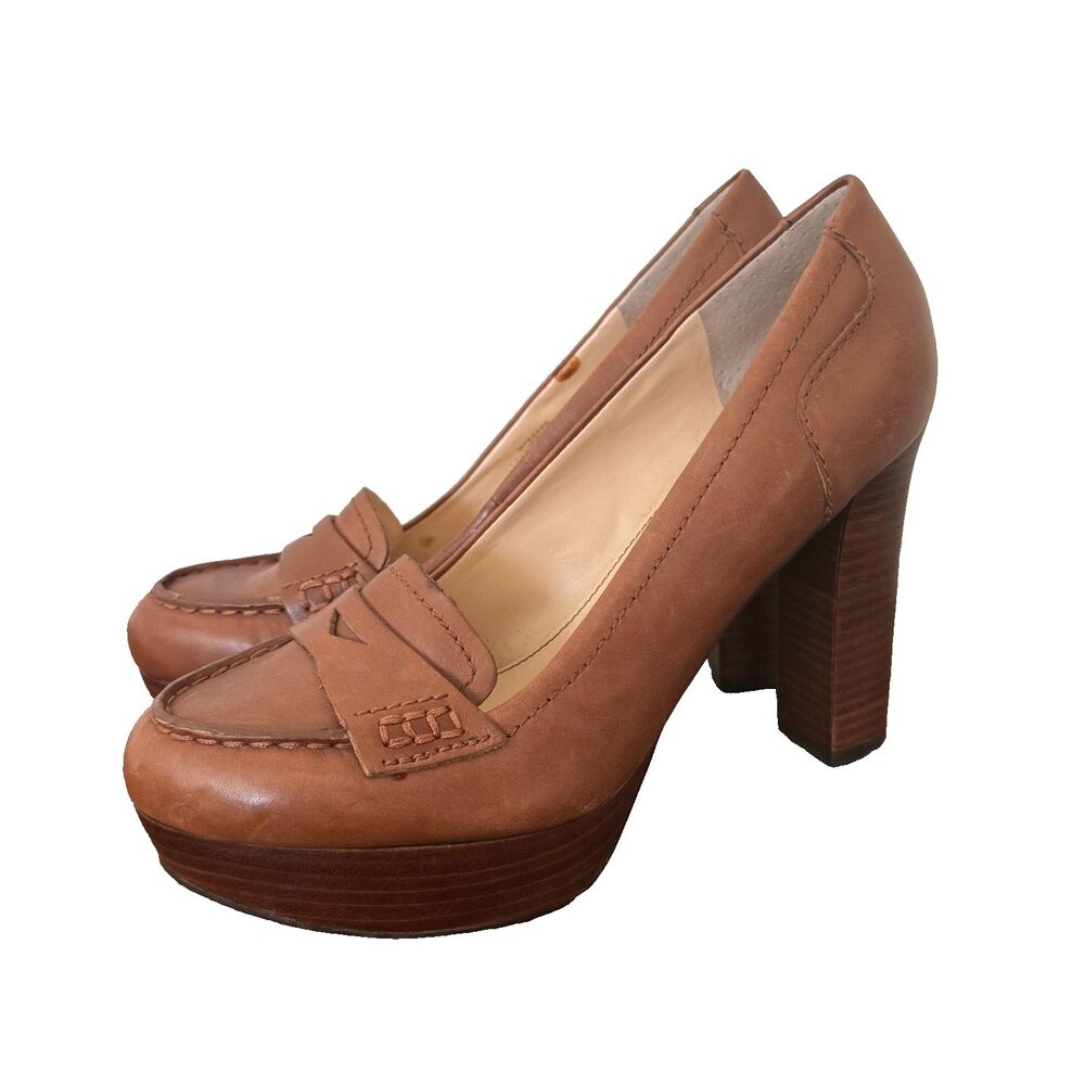 Marc Fisher Brown Leather Platform Loafer Pumps Women's 6.5 Block Heel